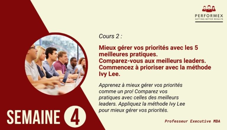 Semaine 4 : Mieux gérer vos priorités avec les 5 meilleures pratiques. Comparez-vous aux meilleurs leaders. Commencez à prioriser avec la méthode Ivy Lee